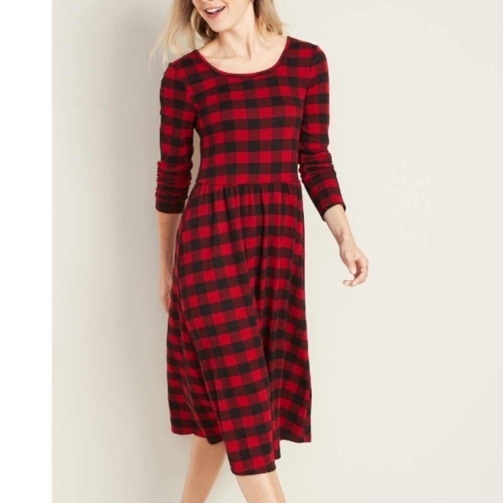 Old Navy Buffalo Plaid Scoop Neck Midi Dress Family Matching Women's Medium Red